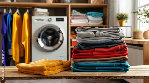 Piles of neatly folded colorful clothes on a wooden table in a bright laundry room. photo