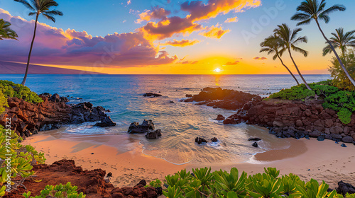 Scenic Hawaii Beach at Sunset, Tropical Island Beauty and Natures Tranquility photo
