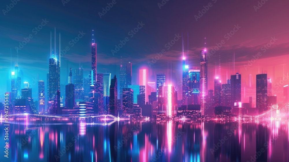 Futuristic cityscape with holographic skyscrapers