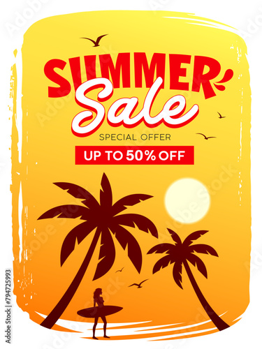 Summer Sale, Silhouette coconut tree and Woman standing holding a surfboard, poster flyer holiday design yellow and orange background, Eps 10 vector illustration
