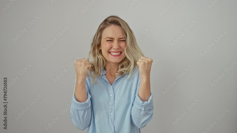 Triumphant young blonde woman celebrating victory, eyes closed and arms up, grinning on white isolated background. Triumphant young blonde woman celebrating victory, eyes closed and arms up, grinning on white isolated background.