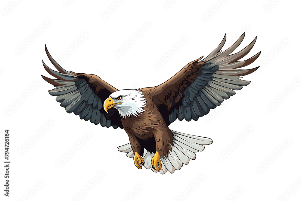 Obraz premium Cartoon bald eagle in flight with wings spread wide, showcasing detailed feathers and intense eyes. Generative AI