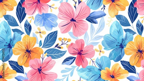 Abstract seamless pattern with colorful flowers and leaves