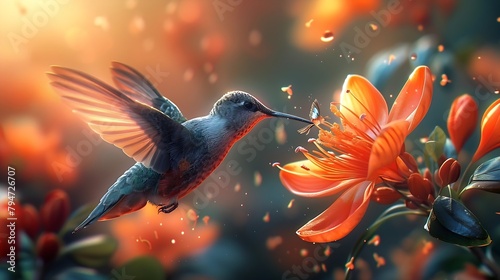 Generative AI : A closeup of a hummingbird in mid-flight, sips nectar from a flower © The Little Hut