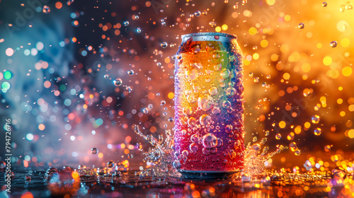 Soda Can with Explosive Bubbles and Bokeh Lights.