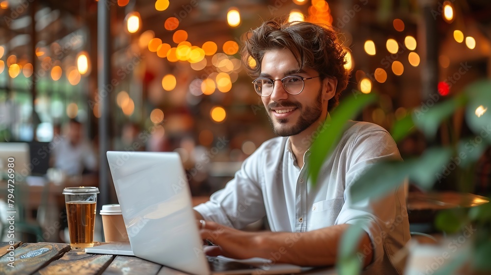 Generative AI : young business owner analyzing data on a laptop screen, the blurred background Generative AI : young business owner analyzing data on a laptop screen, the blurred background