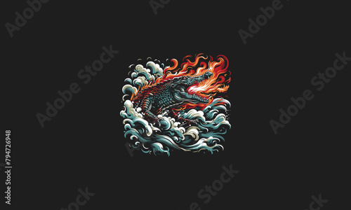 crocodile angry with flames and smoke vector design