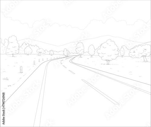 road to mountain green tree vector cartoon drawn background