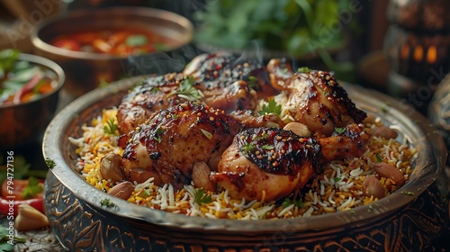 The national Saudi Arabian dish chicken kabsa with rice mandi, photo