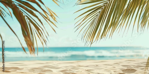 Sunny beach landscape viewed between silhouetted palm fronds  embodying summer vibes.