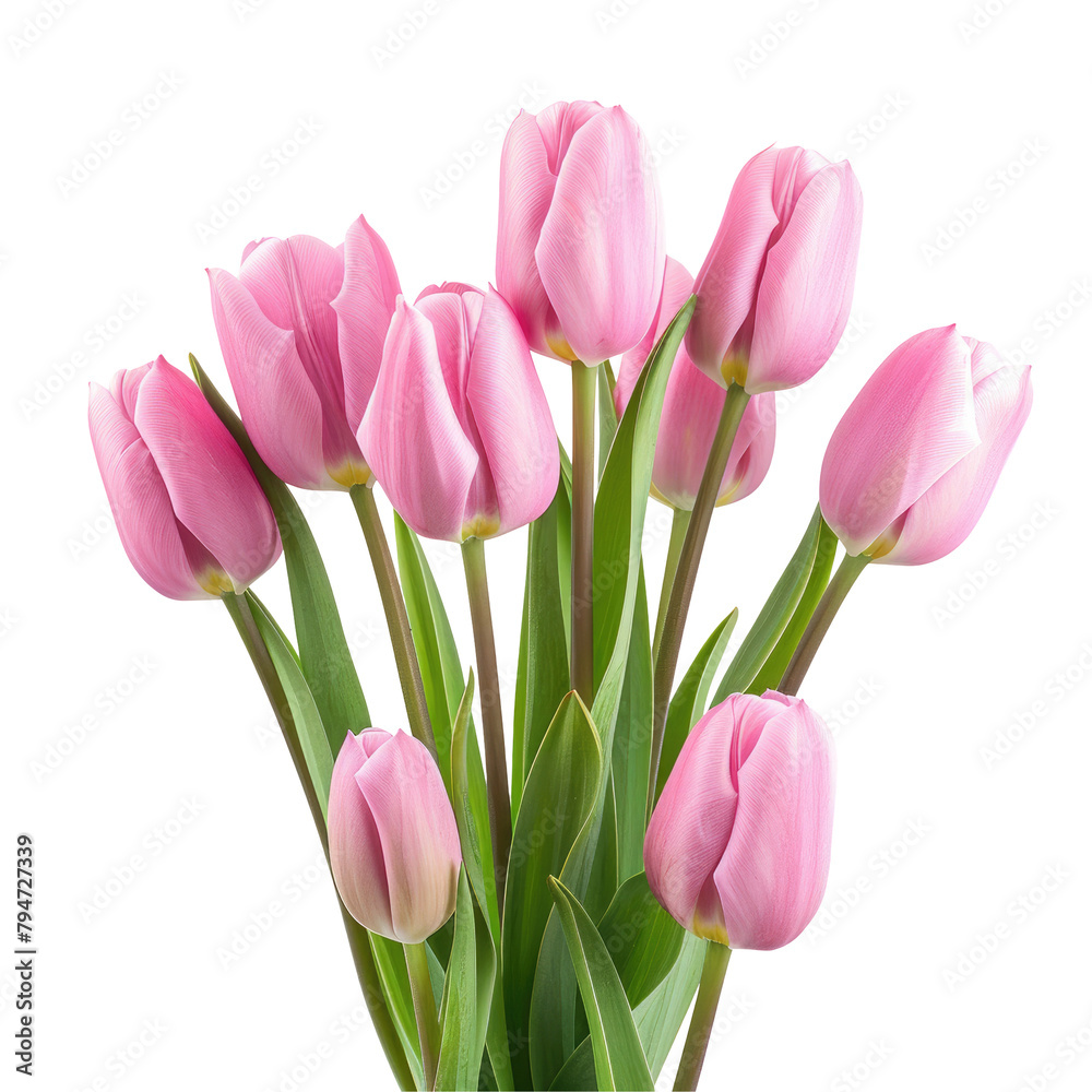 Fototapeta premium A cheerful bouquet of pink tulips stands out against a clean transparent background creating a festive and vibrant display that can be easily isolated on transparent background