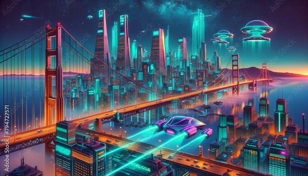 Envision of futuristic cityscape of San Francisco in the year 2150, includes floating buildings and neon-lit sky bridges