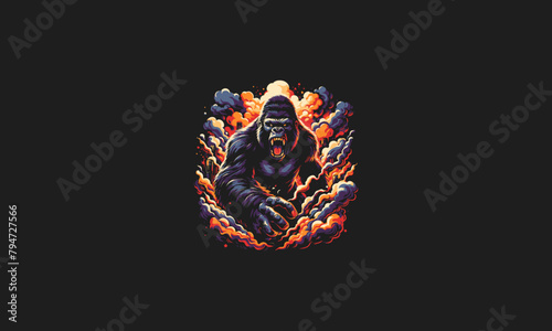 gorilla angry with flames and smoke vector artwork design