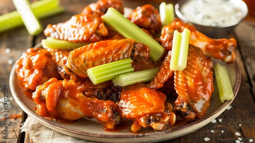 A platter of buffalo wings served with celery sticks and blue cheese dressing