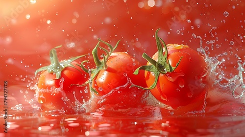 Tomato sauce splash making amazing waves and drops with 3 tomatos, Digital Painting © Food Cart