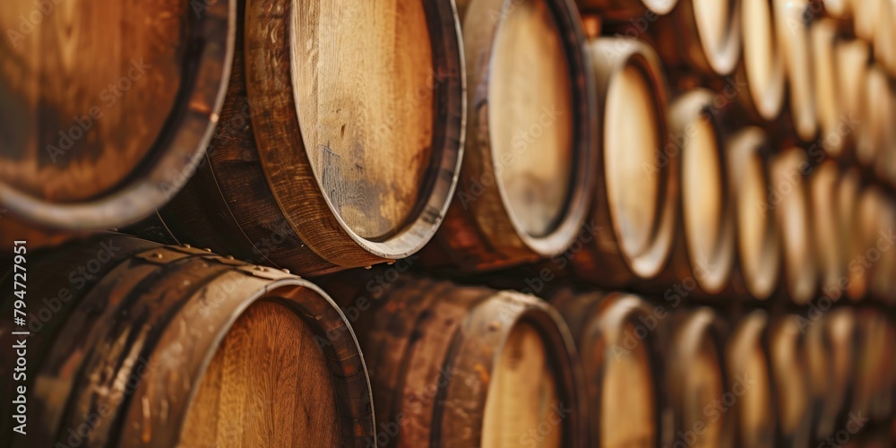 Close-up of aged wooden wine barrels stacked in a rustic wine cellar, evoking tradition and craftsmanship.