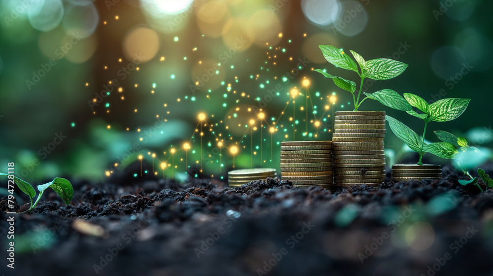 Investment Ideas and Business Growth. Coins stacked on the ground with a digital graph. Green business growth. Finance sustainable development. Investing in renewable energy is crucial for the future. - obrazy, fototapety, plakaty 
