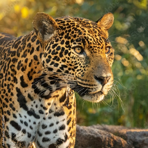 Jaguar side view  golden hour  jaguar in the wildlife  Ai Generate 