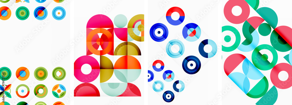 A vibrant display of colorful circles, rectangles, and patterns on a white background, showcasing the use of electric blue and magenta in a visually appealing graphic art composition A vibrant display of colorful circles, rectangles, and patterns on a white background, showcasing the use of electric blue and magenta in a visually appealing graphic art composition
