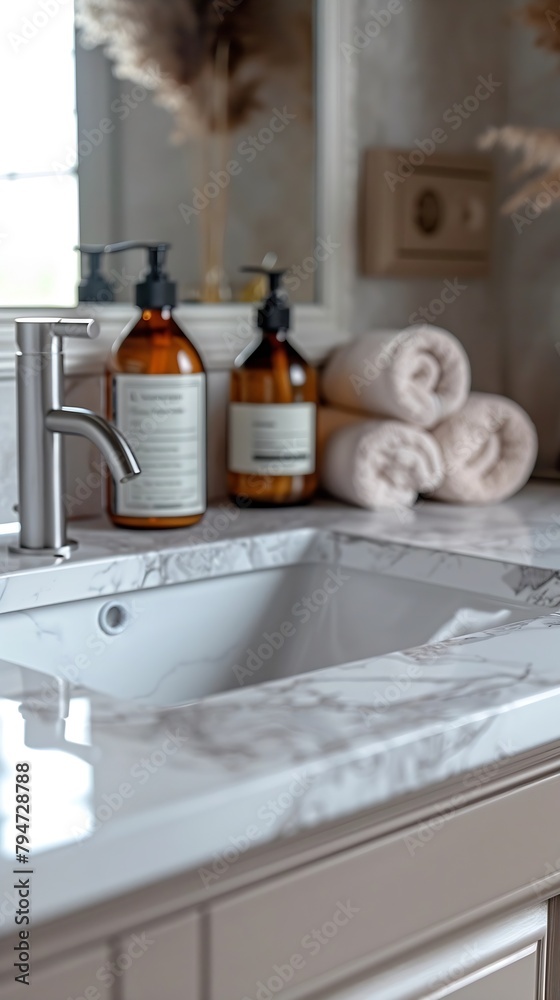 Generative AI : A clean white marble countertop in the bathroom. Generative AI : A clean white marble countertop in the bathroom.