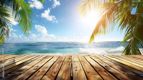 Wooden table for product presentation with sea view with palm leaves and blue sky.