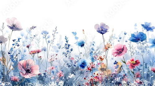 Beautiful horizontal mural with watercolor wild field flowers. Stock mural. Floral design. Generative Ai
