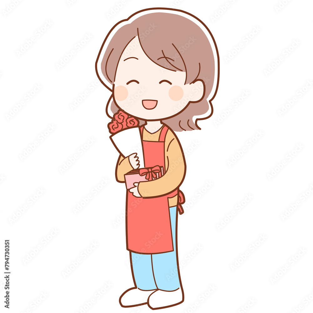 母の日の花束とプレゼントを貰うお母さん 母の日の花束とプレゼントを貰うお母さん