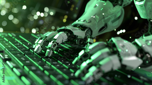 A robot typing on a keyboard with green futuristic lighting