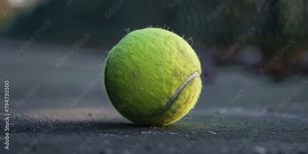 A detailed close-up of a vibrant yellow-green tennis ball on a gritty tennis court surface.
