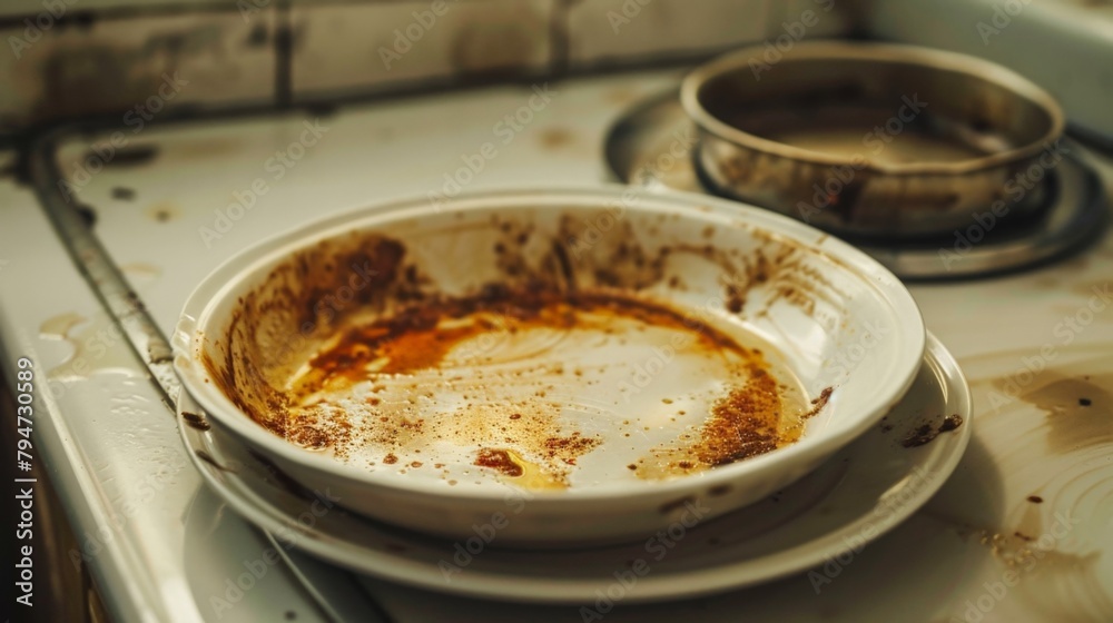 Dirty dishes on stove in kitchen Dirty dishes on stove in kitchen