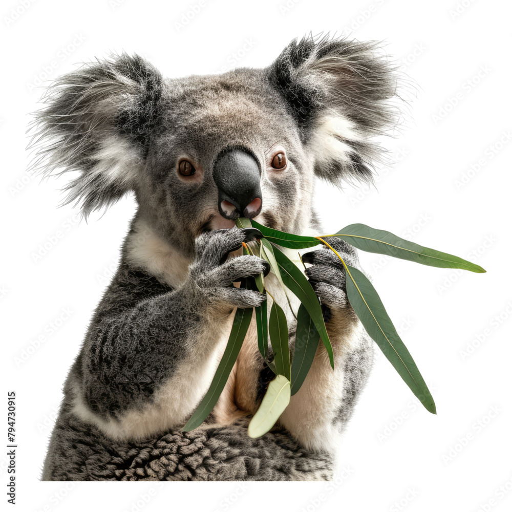 Obraz premium Koala Eating an Eucalyptus leave isolated on transparent background