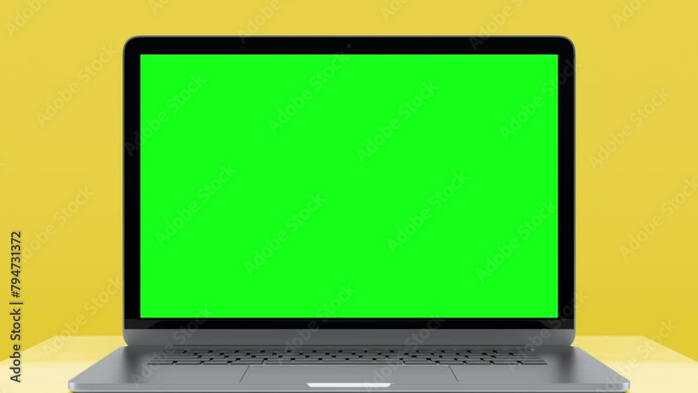 Laptop Computer with Green Screen for Chroma Key. Zoom In on Mock Up of Working PC with Greenscreen for Chromakey on Yellow Color Background. Presentation of Electronic Object with Horizontal View Laptop Computer with Green Screen for Chroma Key. Zoom In on Mock Up of Working PC with Greenscreen for Chromakey on Yellow Color Background. Presentation of Electronic Object with Horizontal View
