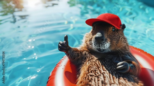 a beaver in a red baseball cap relaxing on a pool float giving thumbs up, summer day photo