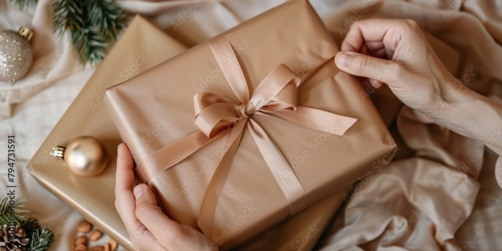 Hands tying a bow on a golden-wrapped gift with a satin ribbon, festive and luxurious. Hands tying a bow on a golden-wrapped gift with a satin ribbon, festive and luxurious.