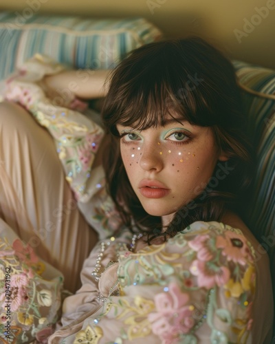 A woman posing with floral-patterned sequin details, lying down with a thoughtful expression