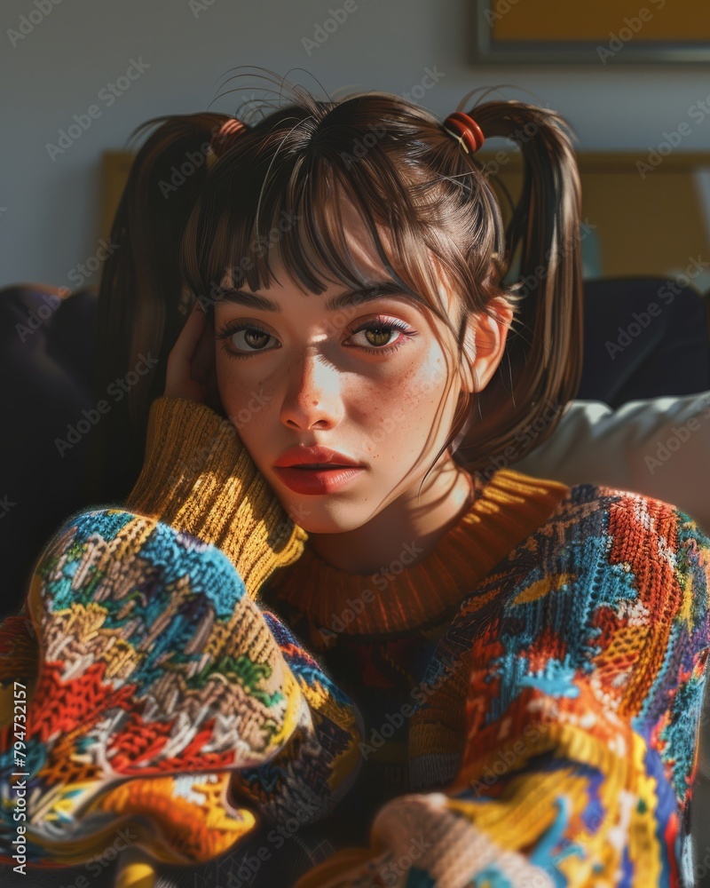 Attractive young woman with a vibrant sweater and pigtail hairstyle looking pensively - obrazy, fototapety, plakaty 