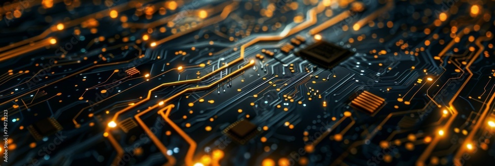 3d rendering of highly detailed circuit board with black and golden color theme 3d rendering of highly detailed circuit board with black and golden color theme