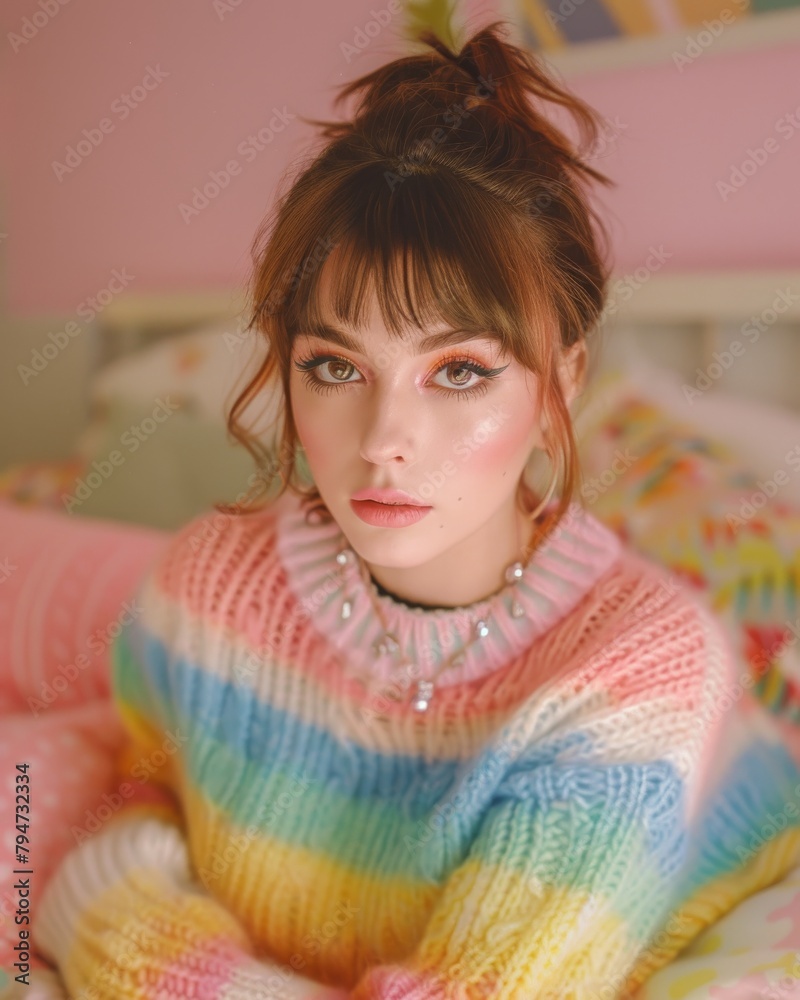 Close-up of a woman with a bun wearing a rainbow sweater, with notable makeup and necklace - obrazy, fototapety, plakaty 