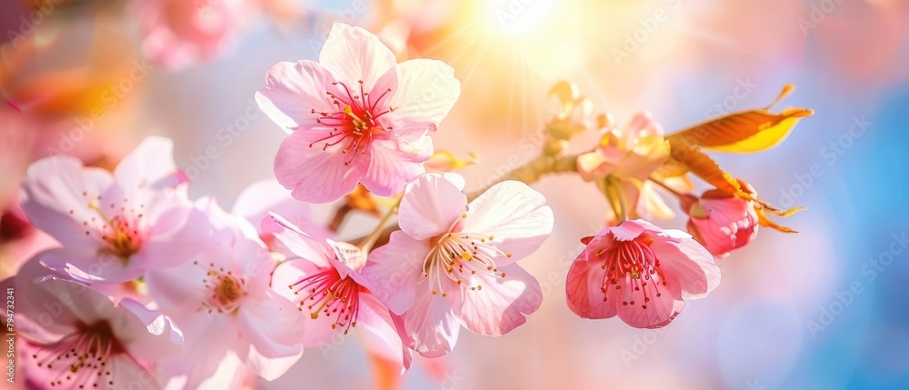 A close up of a pink flower with a bright blue sky in the background by AI generated image