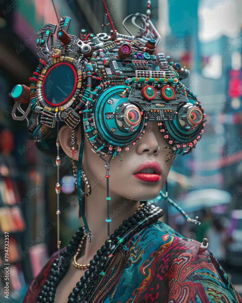 Unique cyberpunk helmet featuring futuristic technology elements, against an urban cityscape backdrop - obrazy, fototapety, plakaty 
