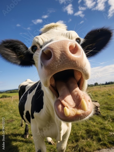 A cow is laughing with its mouth wide open. photo