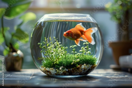 A beautiful aquarium with a goldfish. Lovely decoration for the aquarium.