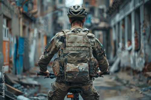 A military man in a bulletproof vest and helmet rides a bicycle. The concept of the army's poverty, insufficient equipment for soldiers. © Uliana