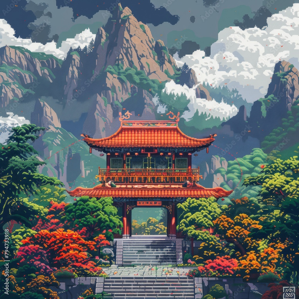 A serene Chinese temple landscape with majestic mountains in the background is depicted in charming 16-bit pixel art style, evoking a sense of tranquility and tradition.






