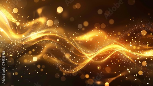 Elegant abstract background of golden swirls line with shimmering particles and bokeh decorations, Warm stage atmosphere idea for luxury branding. Generative Ai