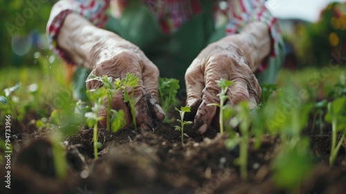 Gentle hands of a senior person carefully planting green seedlings in fertile garden soil. © tashechka