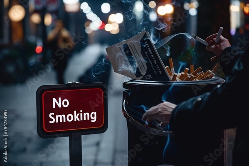 person throwing away a pack of cigarettes into a trash photo