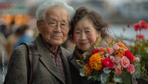 A happy old couple taking photos at the seaside, holding flowers, half body, romantic, Valentine's Day,Joyful Elderly Couple Embracing Love at the Beach with Flowers © Da