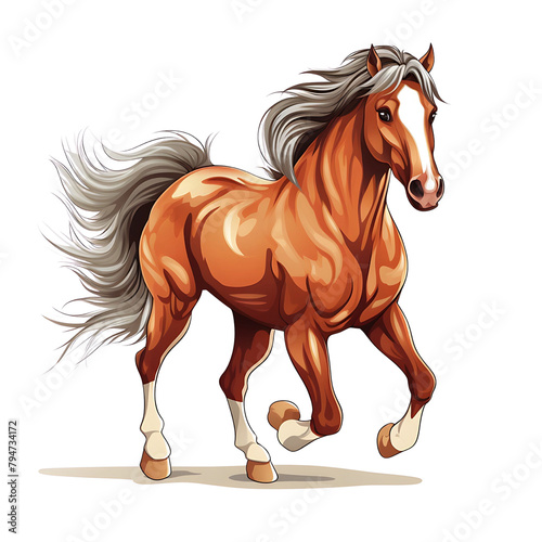 Animated chestnut horse trotting  with a flowing mane and tail. Generative AI
