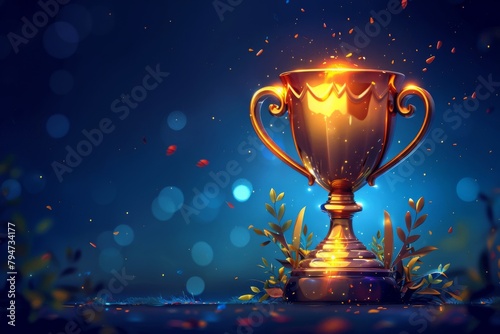 An illustration of a golden trophy gleams against a dark blue background, representing competition and success in the realm of business and achievement.        © Uliana